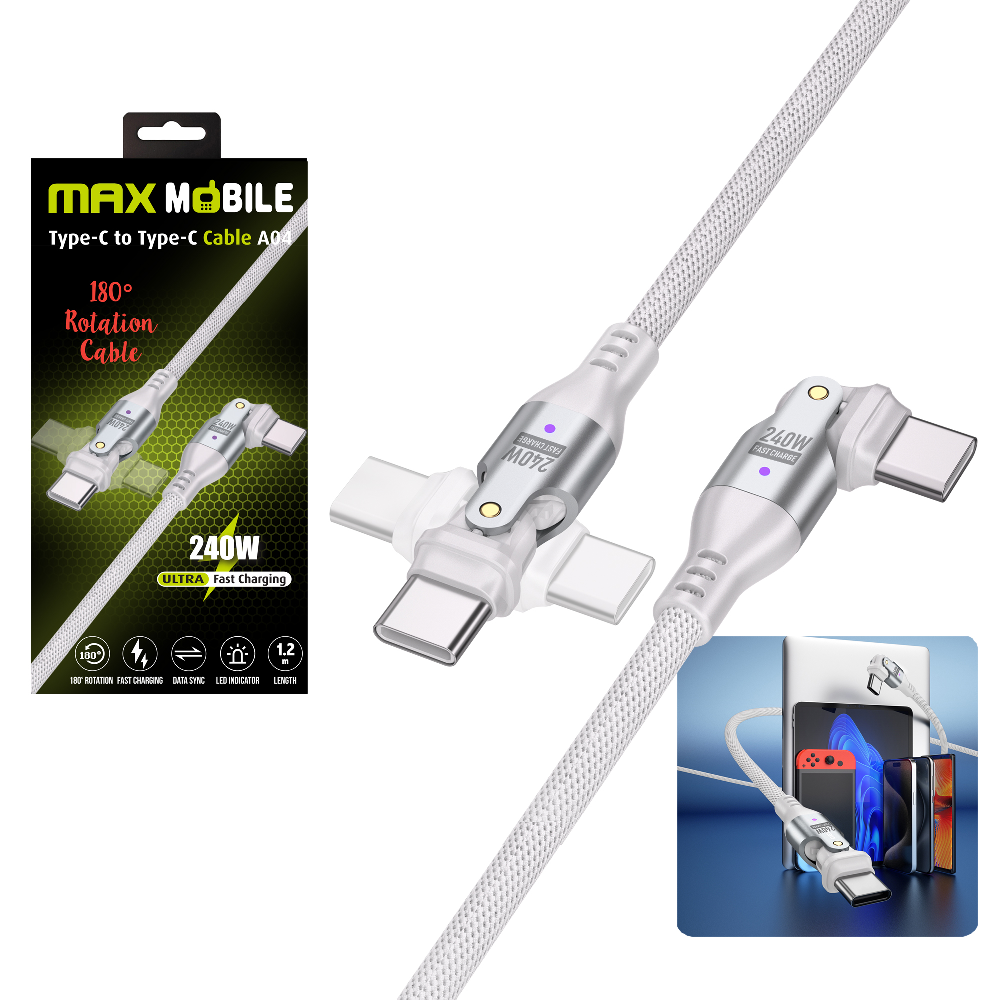 MAXMOBILE-DATA-KABEL-TYPE-C-TYPE-C-A04-WHITE-QC-240W,Dual-rotate,1.2m